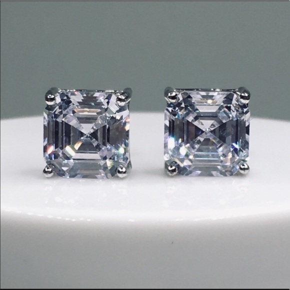 14k white gold asscher diamond 4 ct stud earrings - Picture 2 of 8